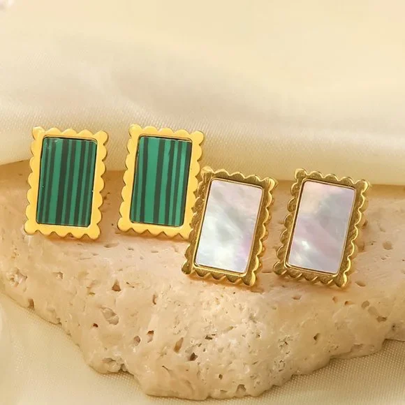 Green Malachite Rectangle 18K Gold Plated Stud Earrings - Picture 5 of 7